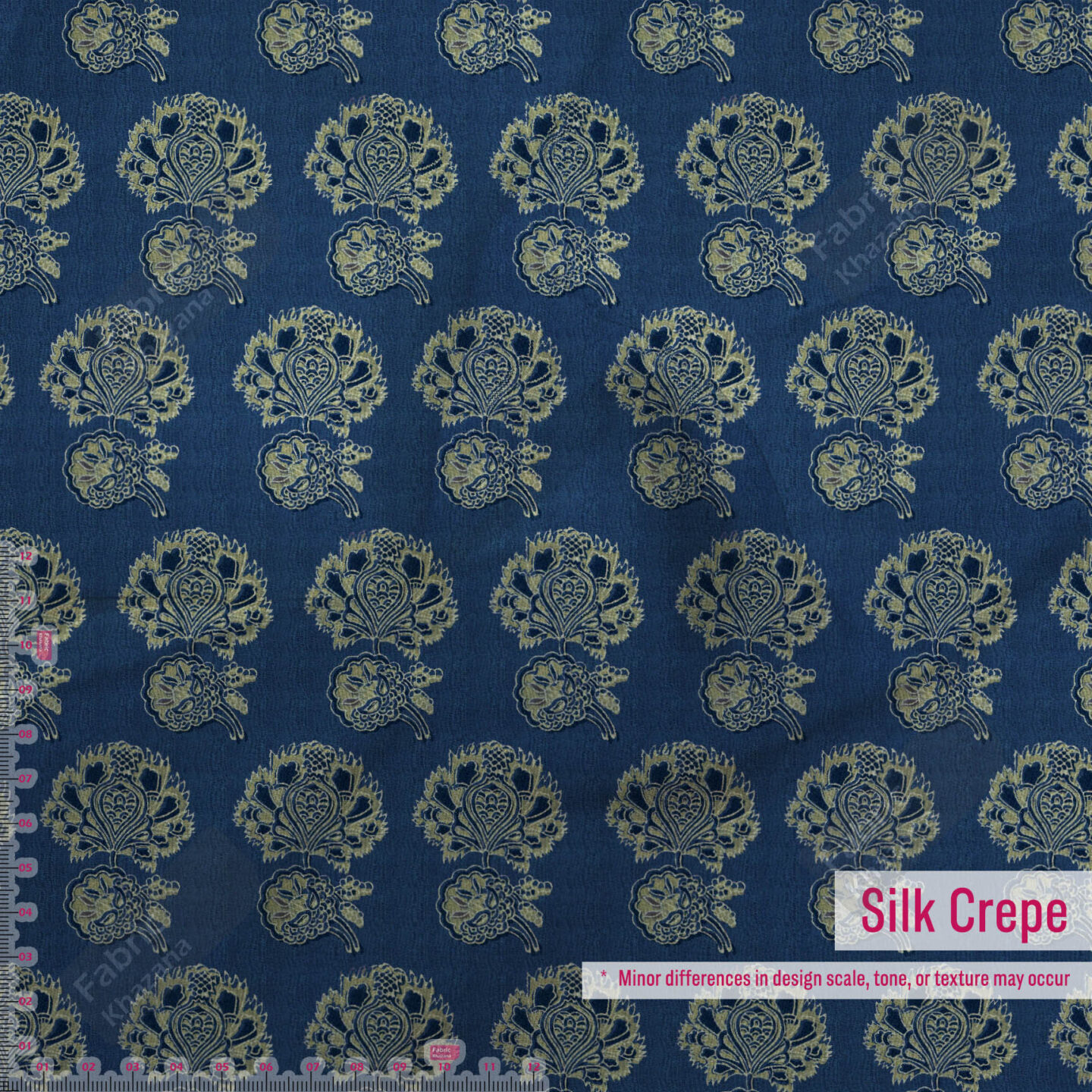 Premium Navy Blue Polyester Fabric with Gold Floral Buti Design