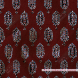 Elegant Red Printed Polyester Fabric with Blue Leaf Design