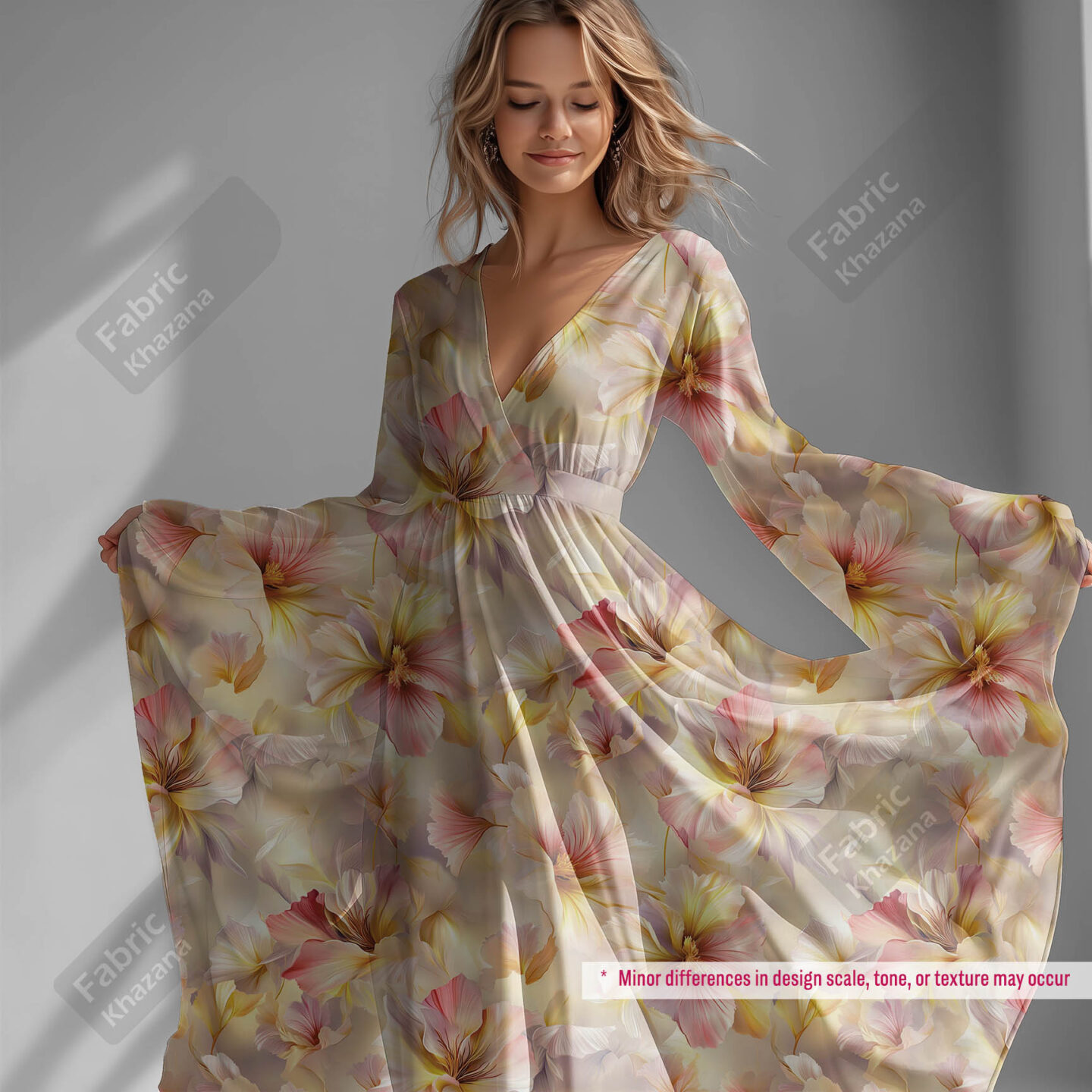 Beige Peach Floral Digital Printed Fabric