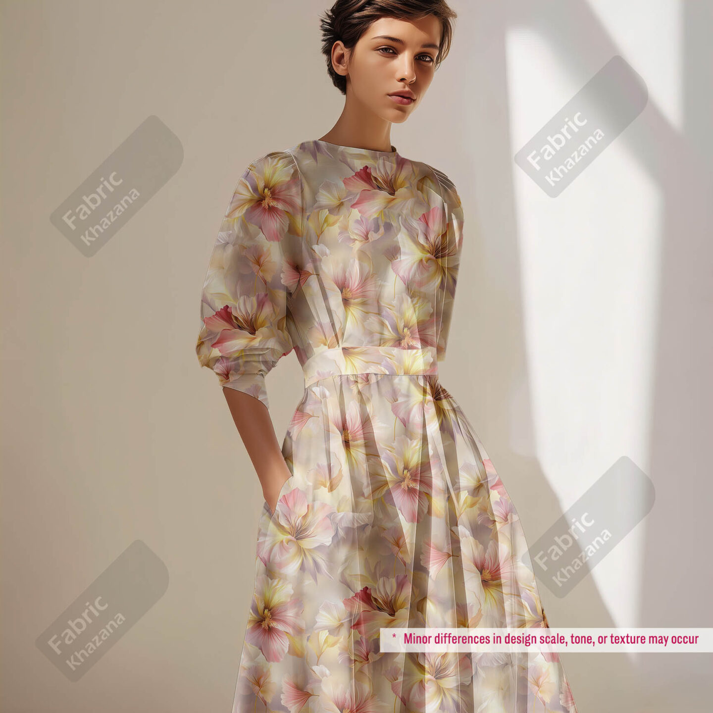 Beige Peach Floral Digital Printed Fabric