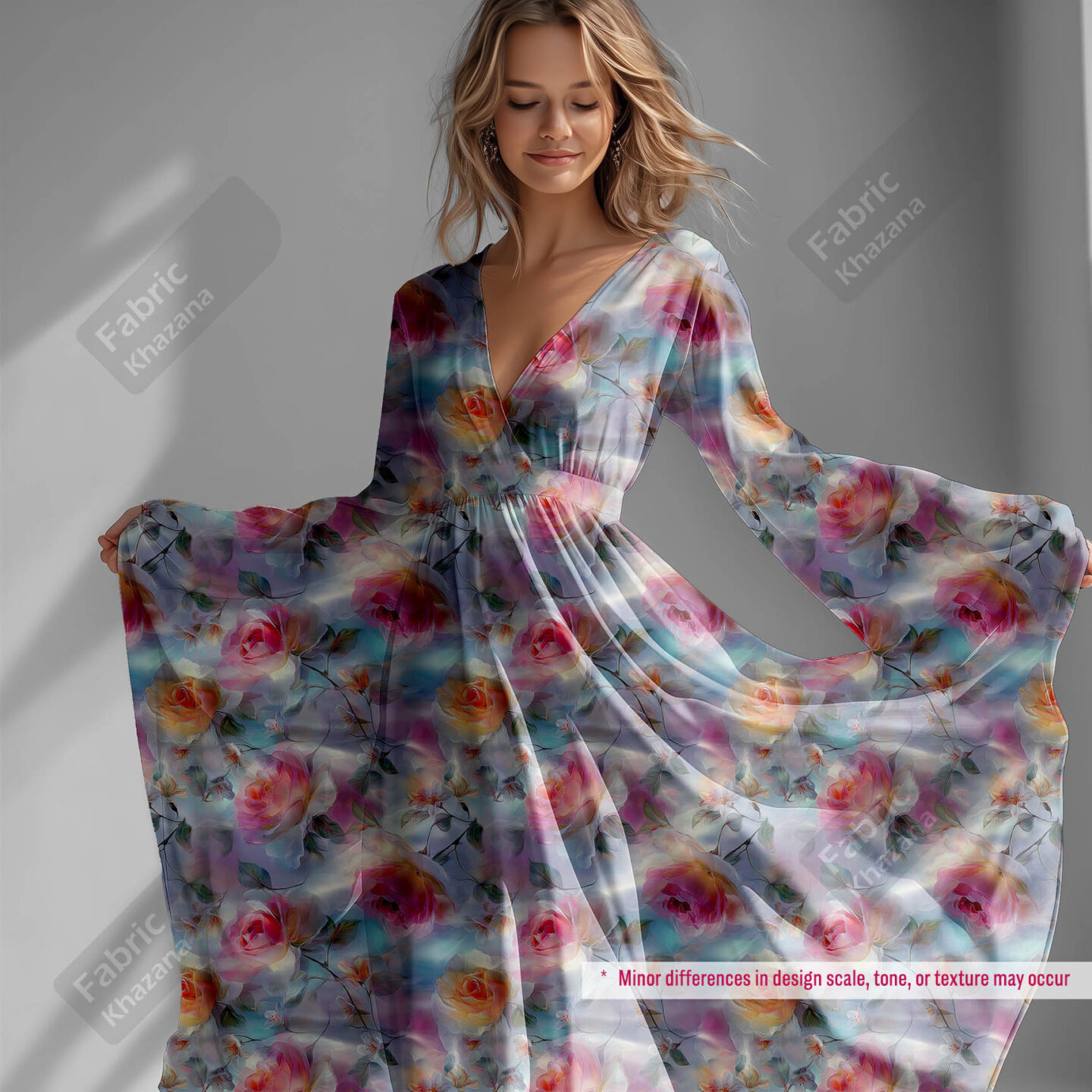 Pastel Rainbow Rose Floral Printed Fabric