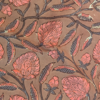 Floral Vine Hand Block Printed Cotton Fabric with Coral & Charcoal Accents