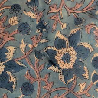 Teal Blue Floral Vine Hand Block Printed Cotton Fabric