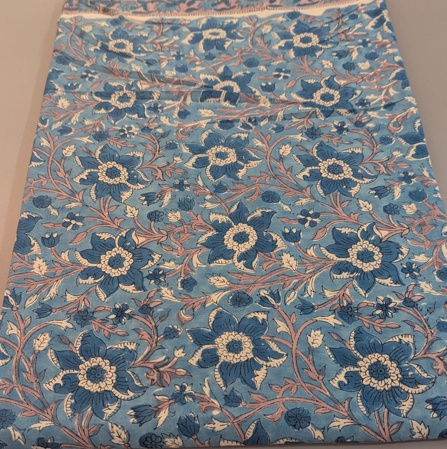 Teal Blue Floral Vine Hand Block Printed Cotton Fabric