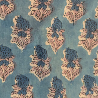 Sky Blue Hand Block Printed Cotton Fabric with Indigo Peach Accents