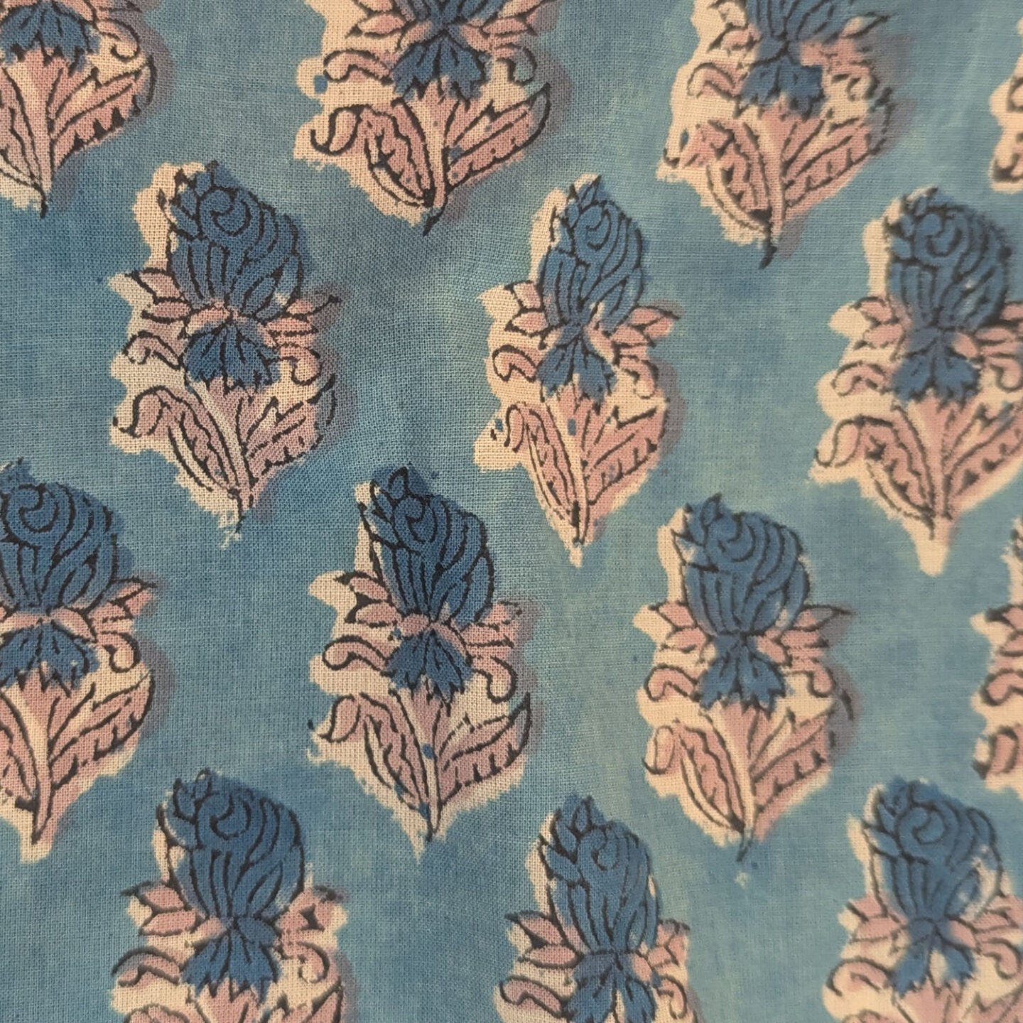 Sky Blue Hand Block Printed Cotton Fabric with Indigo Peach Accents