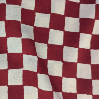 Brick Red-White Checkered Hand Block Printed Cotton Fabric